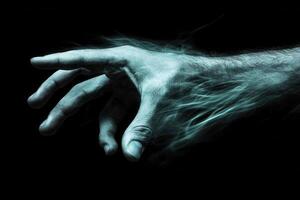 Ethereal hand reaching out from darkness, surrounded by wisps of smoke, conveying mystery photo