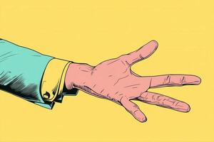 Vibrant hand reaching out against a bright yellow background, showcasing a playful gesture photo