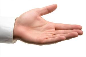 Open hand gesture against a white background, symbolizing invitation or assistance photo