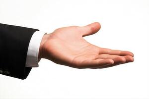 Outstretched hand in a business suit inviting collaboration in a neutral background photo