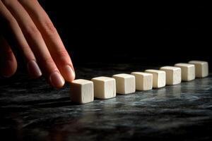 Hand gently touching a row of white cubes on a dark surface, creating a calm atmosphere photo