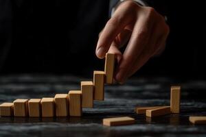 Hand carefully balancing wooden blocks in a strategic arrangement on a dark surface photo
