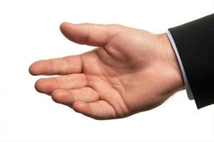 Hand reaching out for a handshake, symbolizing greeting and connection, against white backdrop photo