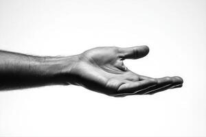 extendido mano en negro y blanco, simbolizando franqueza y invitación en contra un mínimo antecedentes foto