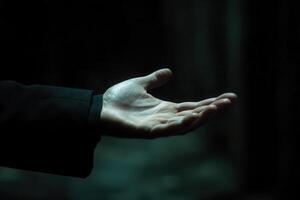 Outstretched hand in a dimly lit environment, symbolizing invitation and connection photo
