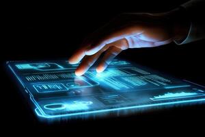 Futuristic hand interacting with a glowing holographic interface displaying data photo