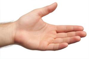 Open hand gesture against a plain background, symbolizing greeting or offering assistance photo