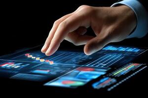 Hand interacting with a futuristic touchscreen displaying data analytics in a dark environment photo