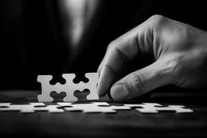 Hand placing a white puzzle piece on a wooden table in a monochrome setting photo