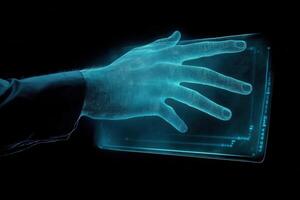 Futuristic hand interacting with a holographic display in a dark, tech-savvy environment photo