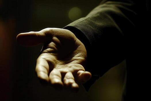 Outstretched hand reaching out in a dimly lit setting, symbolizing connection or help photo