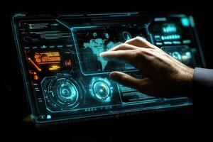 Futuristic interface interaction with a hand manipulating digital data in a dark room photo