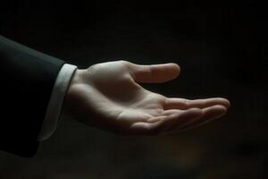 Elegant outstretched hand in a formal suit, symbolizing invitation and opportunity photo