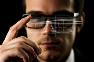 Man in glasses interacting with augmented reality display in a modern office setting photo