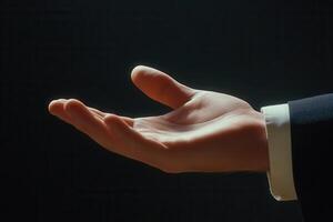 Elegant outstretched hand in a suit against a dark background, symbolizing opportunity photo