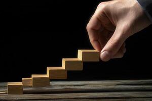 Hand placing wooden blocks to create a staircase on a dark background, symbolizing progress photo