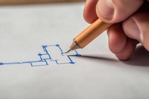 Hand holding a pencil sketching a blueprint on white paper, showcasing creative design photo