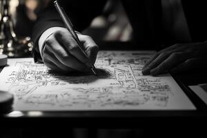 Professional hand sketching architectural plans on a desk, with soft lighting in the background photo