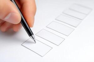 Hand holding a pen poised above empty checklist boxes on a clean white surface photo