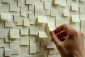 Hand removing a sticky note from a wall covered in various white post-it notes photo