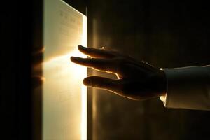 Person interacting with a glowing touchscreen in a dimly lit environment, showcasing technology photo