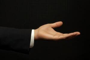 Open hand gesture in a formal suit against a dark background, symbolizing invitation or offering photo