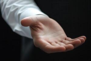 Outstretched hand of a business professional offering assistance against a dark background photo