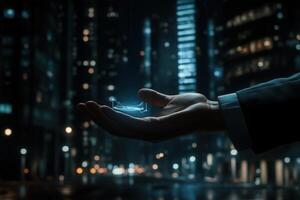 Futuristic hand holding a holographic display in a bustling urban nightscape photo