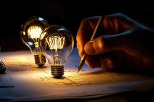 Hand holding a pen sketching designs on blueprints illuminated by glowing light bulbs photo