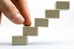 Hand carefully placing building blocks to create a staircase, symbolizing progress and growth photo