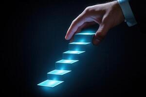 Hand reaching for glowing floating stairs in a dark setting, symbolizing progress and opportunity photo