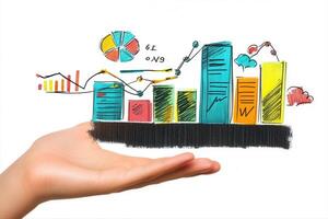 Hand presenting colorful bar graphs and charts illustrating business growth and analysis photo