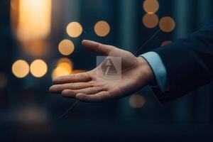 Outstretched hand in a business suit against a blurred cityscape with glowing lights photo