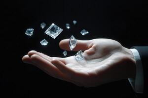 Hand holding sparkling diamonds against a dark background, showcasing luxury and elegance photo