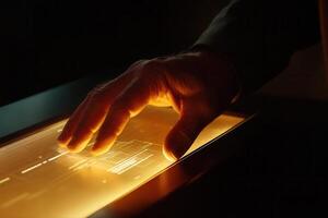 Hand interacting with a glowing touchscreen interface in a dimly lit room, showcasing technology photo
