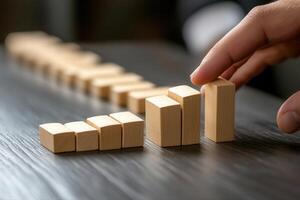 Wooden blocks being strategically arranged on a table, showcasing focus and creativity photo