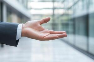 Open hand gesture in a modern office corridor, inviting collaboration and discussion photo