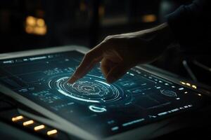 Futuristic hand interacting with a touchscreen display, showcasing advanced technology in a dimly lit room photo