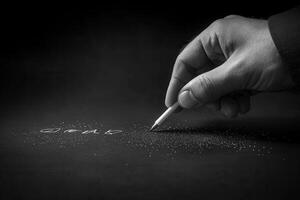 Hand writing on a dark surface with a stylus, creating artistic patterns and textures photo