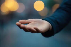 Open hand reaching out against a blurred urban background with soft bokeh lights photo