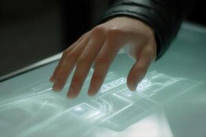 Hand interacting with a futuristic touchscreen interface showcasing digital controls photo
