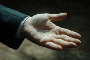 Outstretched hand in a formal setting, symbolizing greeting or offering assistance photo