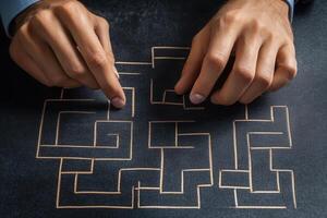 Hands solving a drawn maze on a blackboard, symbolizing problem-solving and strategy photo