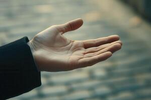Open hand reaching out on a cobblestone street, evoking a sense of connection and warmth photo