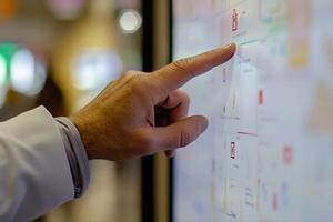 Person interacting with a digital touchscreen display in a modern indoor environment photo
