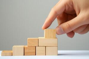 Hand stacking wooden blocks in a creative arrangement, showcasing focus and skill photo