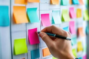 Person writing on colorful sticky notes on a planning board in a bright office environment photo