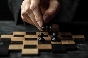 Hand placing a wooden chess piece on a stylish board with contrasting colors, focused on strategy photo