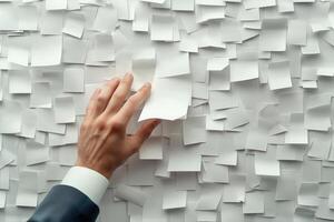 Hand reaching for blank sticky notes on a wall, symbolizing organization and planning photo