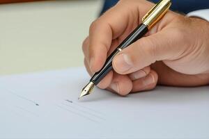 Hand holding a fountain pen poised to sign a document on a clean surface photo